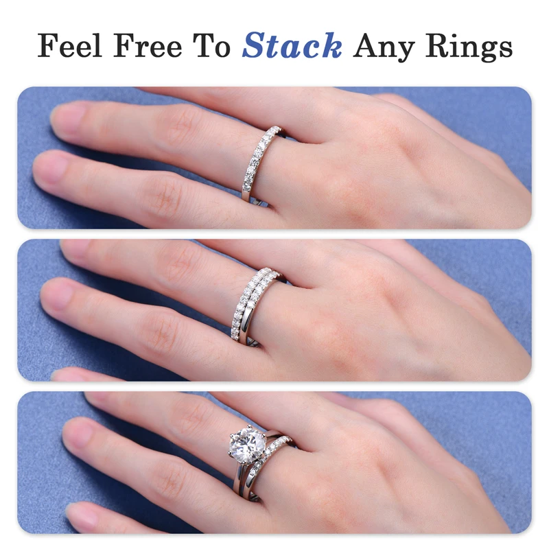 ANZIW 2 Carat All Moissanite Ring Bridal Sets Silver 925 Solitaire Engagement Wedding Rings & Stackable Eternity Bands for Women - Image 4