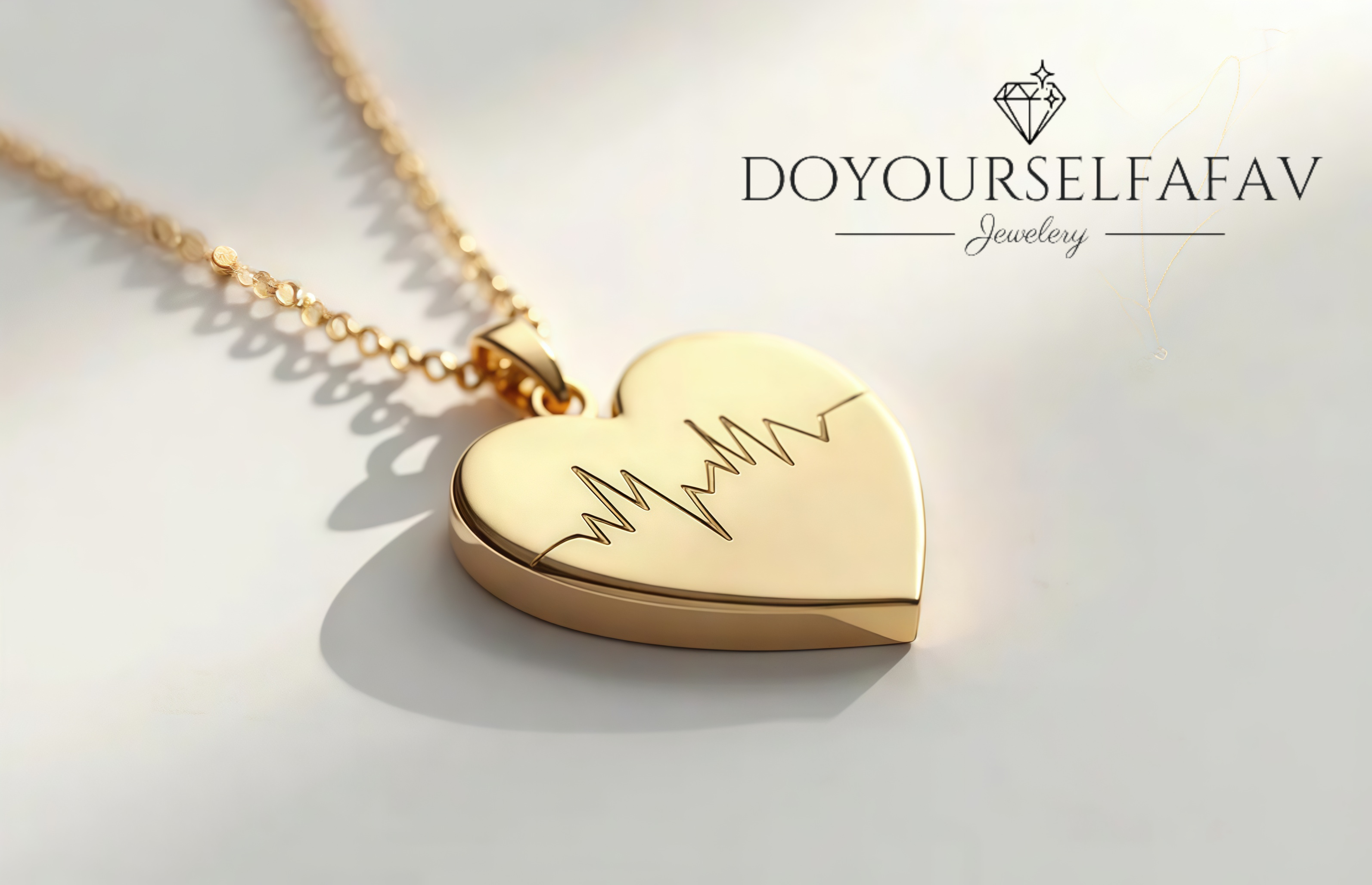 Minimalist gold heart necklace with engraved heartbeat line
