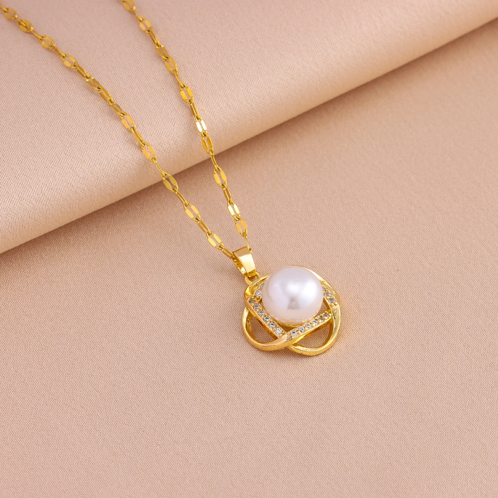 New Vintage Pearl Pendant Necklaces Earrings For Women Female Daily Wear Stainless Steel Jewelry Set Girls Party Gift Wholesale - Image 2