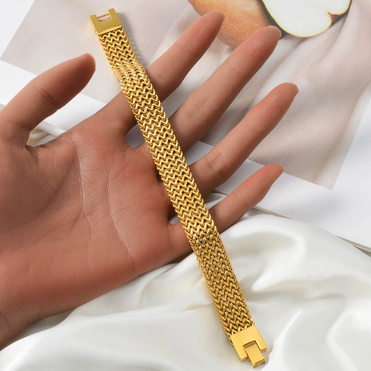 Luxury Gold Plated Bracelet for Men Women Stainless Steel Woven Pattern Wide Bangle Fashion Jewelry Gift Valentine's Birthday - Image 4