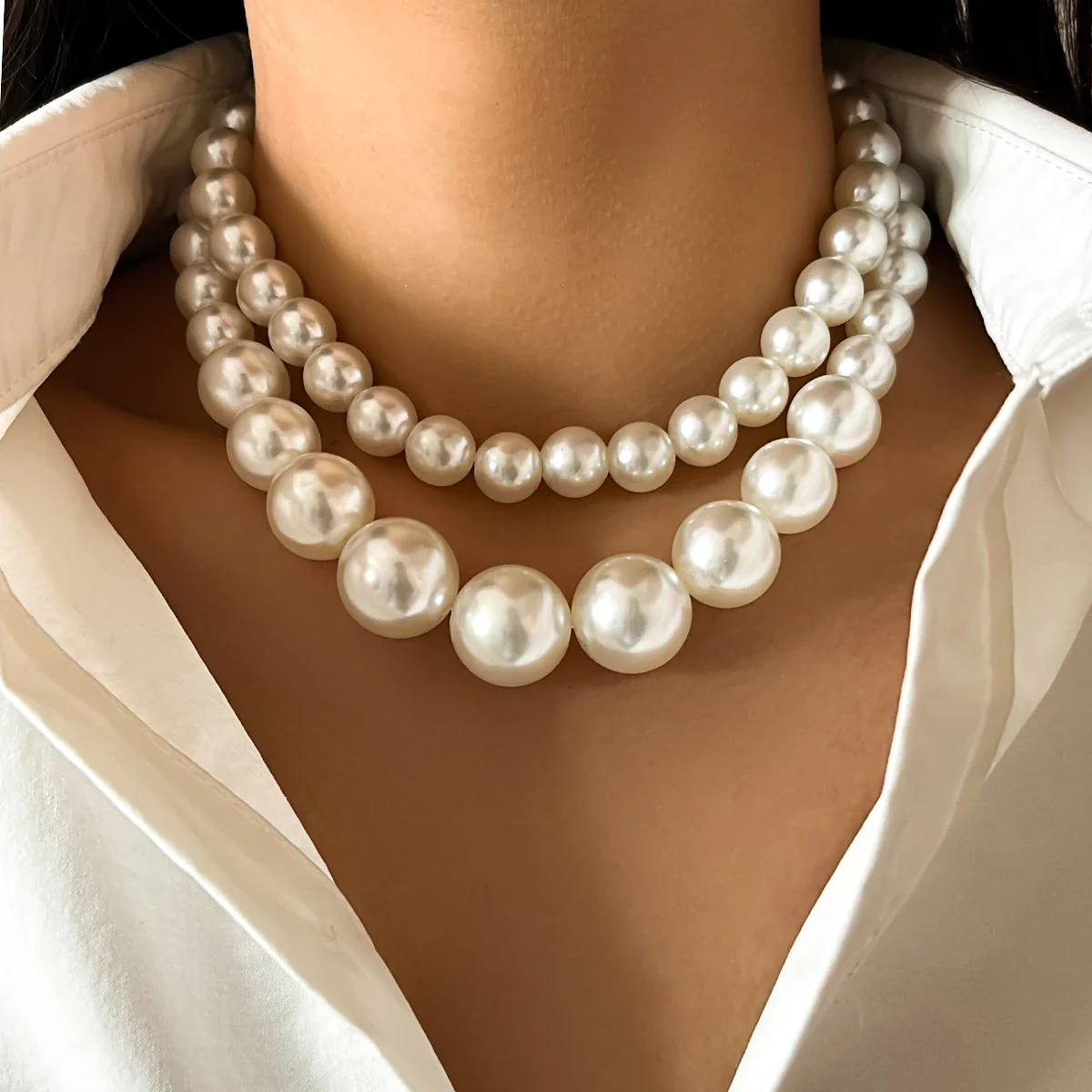 2 Women's European And American Trendy Double Row Large Pearl Necklaces For Outdoor Travel Parties, Holiday Gifts -802057