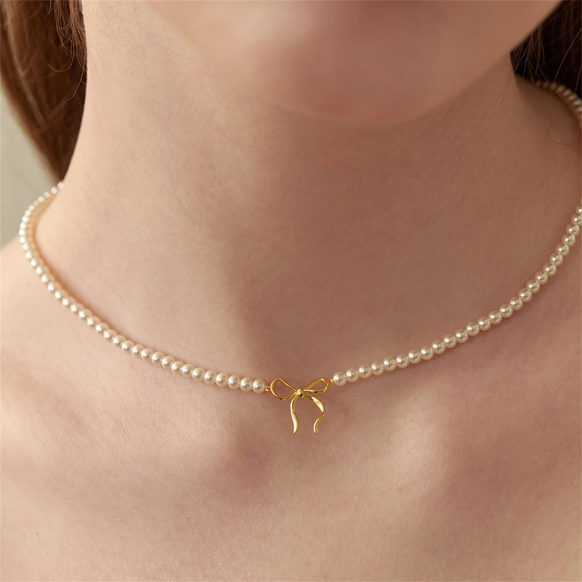 Handmade Beaded Pearl Bow Necklace Tie Knot Pendant Plating True Gold Color Preserving Neckchain
