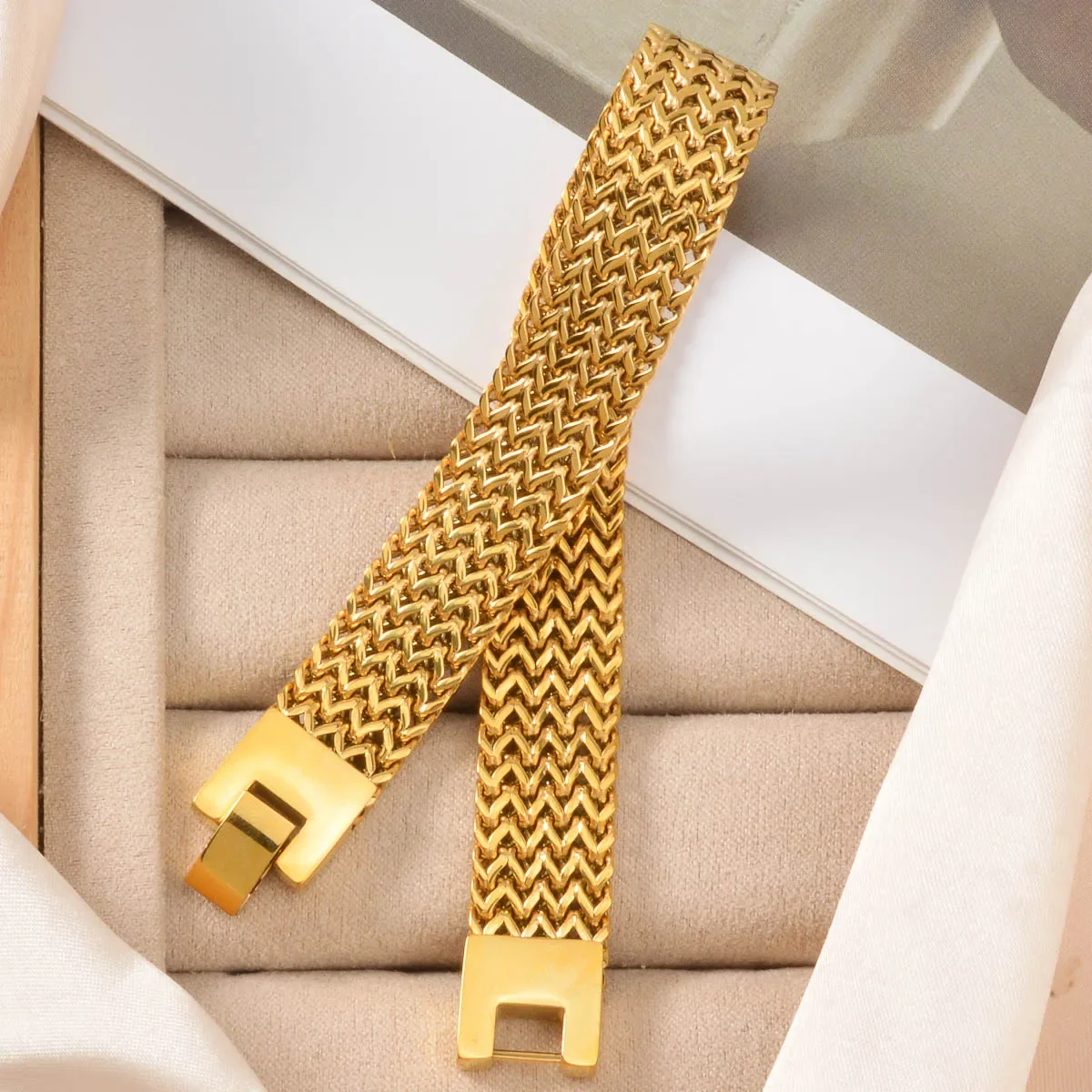 Luxury Gold Plated Bracelet for Men Women Stainless Steel Woven Pattern Wide Bangle Fashion Jewelry Gift Valentine's Birthday - Image 3