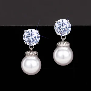 Huitan Fancy Women Imitation Pearl Dangle Earrings Silver Color Modern Fashion Female Accessories Wedding Party Elegant Jewelry