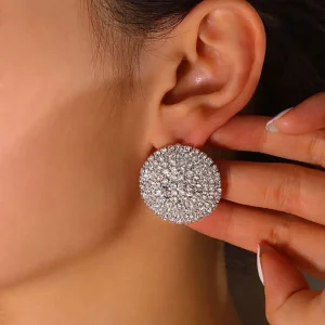 TREAZY Silver Color Full Rhinestone Big Round Stud Earrings Fashion Shiny Crystal Statement Women Jewelry Wedding Party Earrings