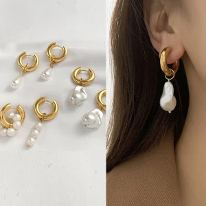 Luxury Elegant Irregular Natural Pearl Dangle Earrings for Women 18k Gold Plated Stainless Steel Ear Buckle Huggie Femal Jewelry