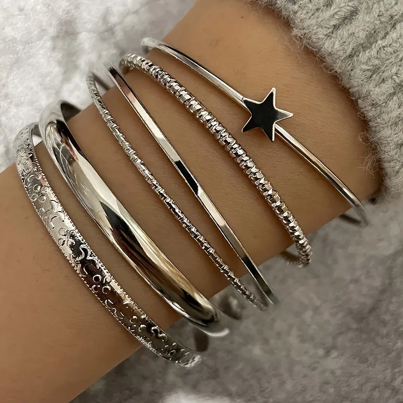 6pcs Star Open Bracelet Set, Stylish and Trendy Women's Bracelets