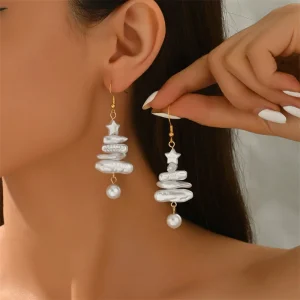 Creative Christmas Tree Dangle Earrings For Women Baroque Irregular Imitation Pearl Stacked Xmas Tree Star Earring Party Jewelry