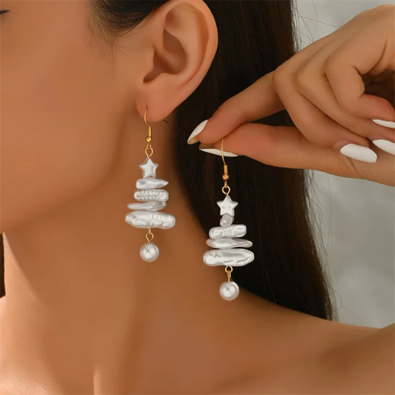 Creative Christmas Tree Dangle Earrings For Women Baroque Irregular Imitation Pearl Stacked Xmas Tree Star Earring Party Jewelry