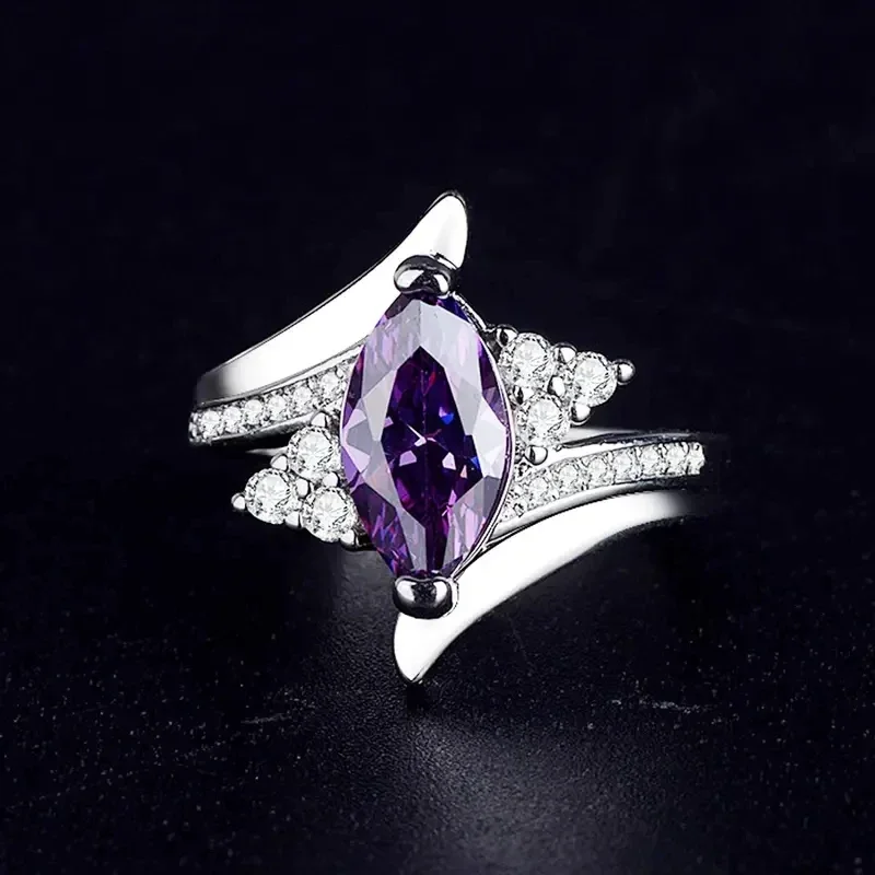 Huitan Charming Marquise Purple CZ Rings for Women Luxury Wedding Band Accessories Personality Cocktail Party Female Jewelry