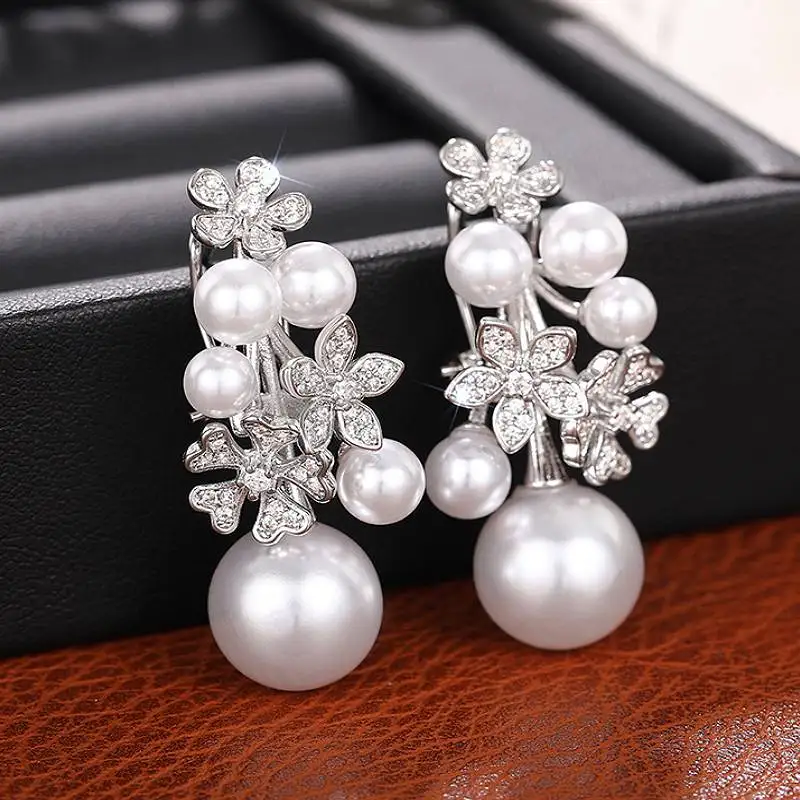 Huitan Trendy Simulated Pearl Women Drop Earrings Inlaid Sparkling CZ Flower Design Charming Party Daily Accessories Jewelry