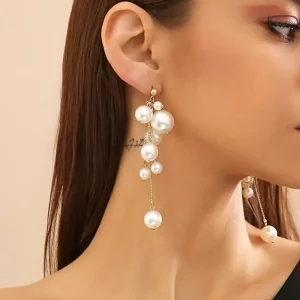 Elegant Imitation Pearl Ball Tassels Drop Earrings for Women Trendy Ladies Long Earring Hanging Accessories 2024 Fashion Jewelry