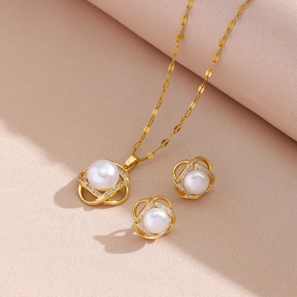 New Vintage Pearl Pendant Necklaces Earrings For Women Female Daily Wear Stainless Steel Jewelry Set Girls Party Gift Wholesale - Image 3
