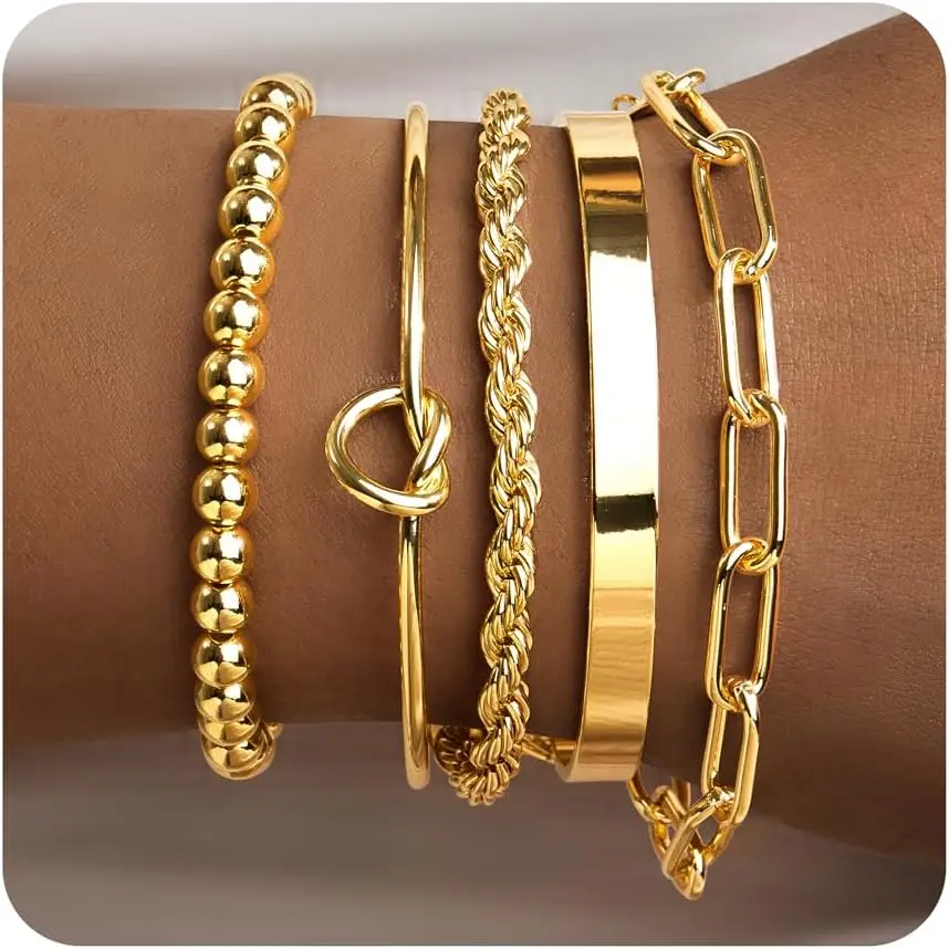 Gold Bracelets for Women Waterproof 14K Gold Plated Chunky Cuff Bangles Tie Knot Cuban Rope Paperclip Beaded Bracelet Stack Gift