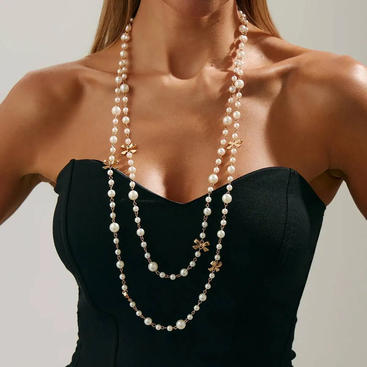 Salircon 2Pcs/Set Y2K Exquisite Imitation Pearl Long Necklace for Women Trendy Stacked Sweater Chains Charm Wedding Jewelry Gift